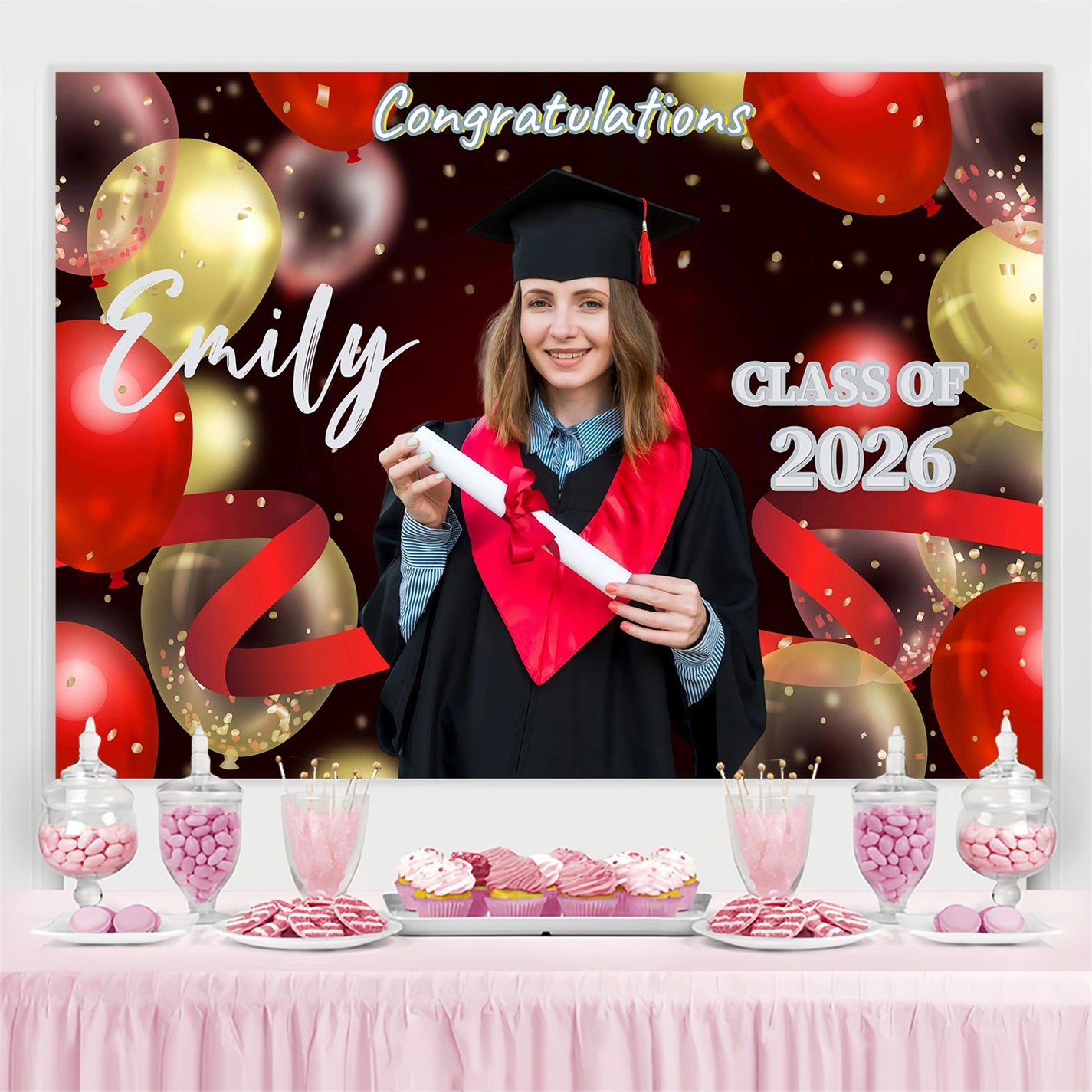 Personalized Graduation Backdrop Red Gold Balloons Graduation Party Backdrop GQ3-248