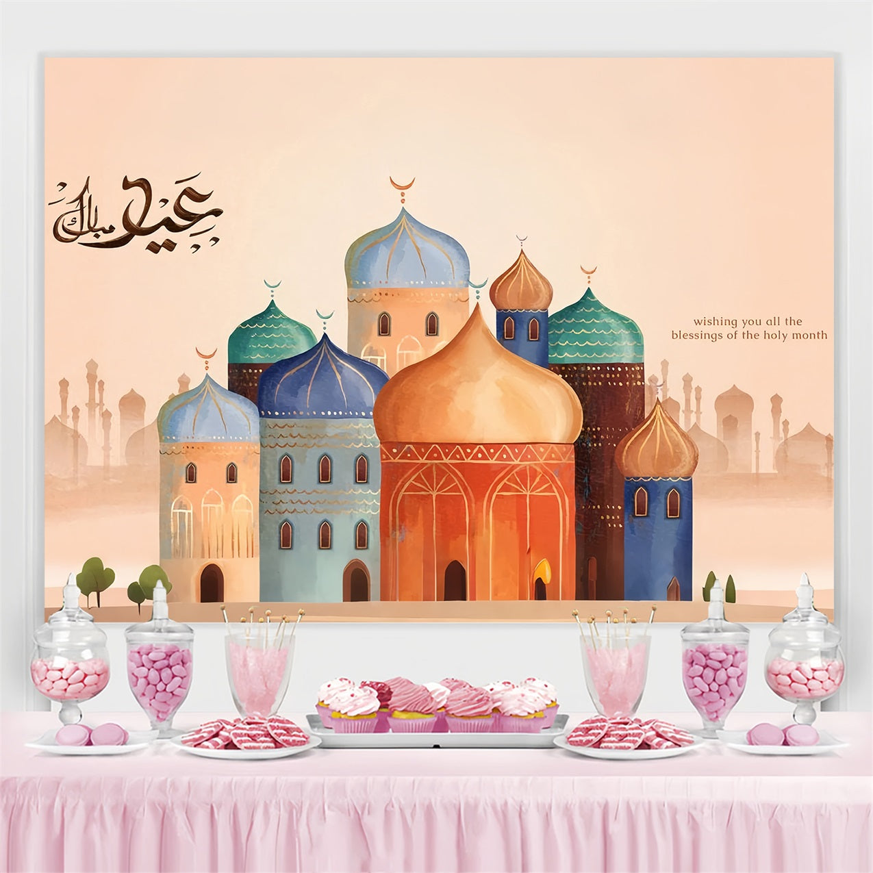 Ramadan Mubarak Backdrop Watercolor Mosque Architecture Backdrop GQ3-4