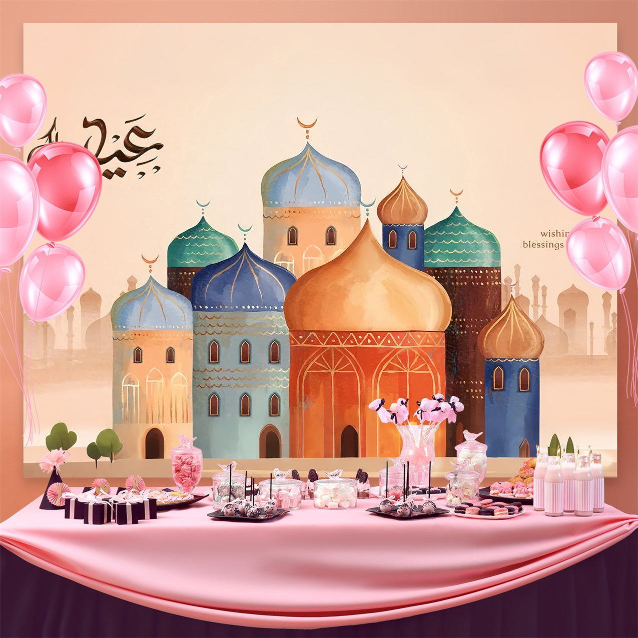 Ramadan Mubarak Backdrop Watercolor Mosque Architecture Backdrop GQ3-4