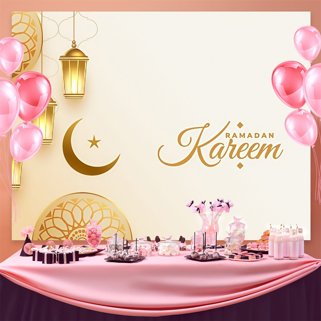 Ramadan Backdrops Golden Crescent Lantern Kareem Backdrop GQ3-41