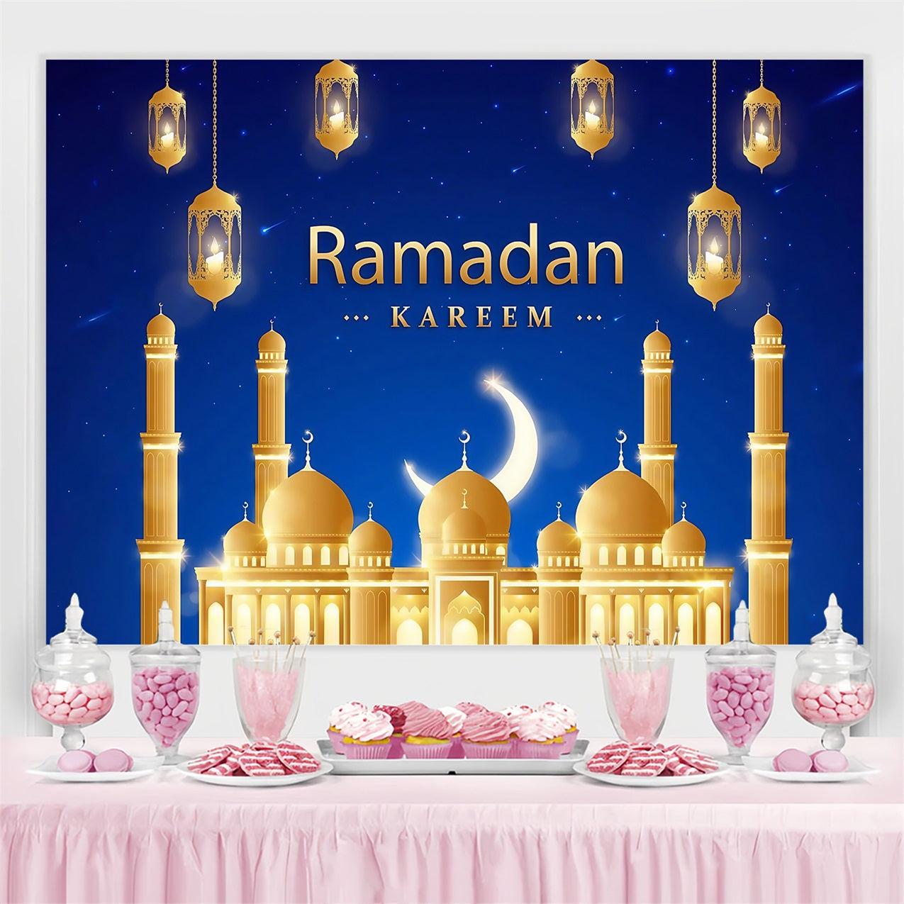 Ramadan Backdrops Majestic Golden Mosque Lanterns Backdrop GQ3-42