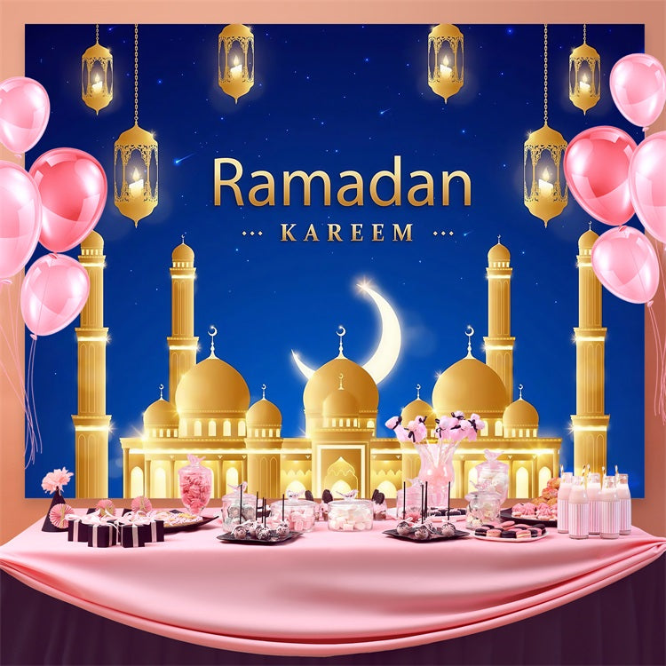 Ramadan Backdrops Majestic Golden Mosque Lanterns Backdrop GQ3-42