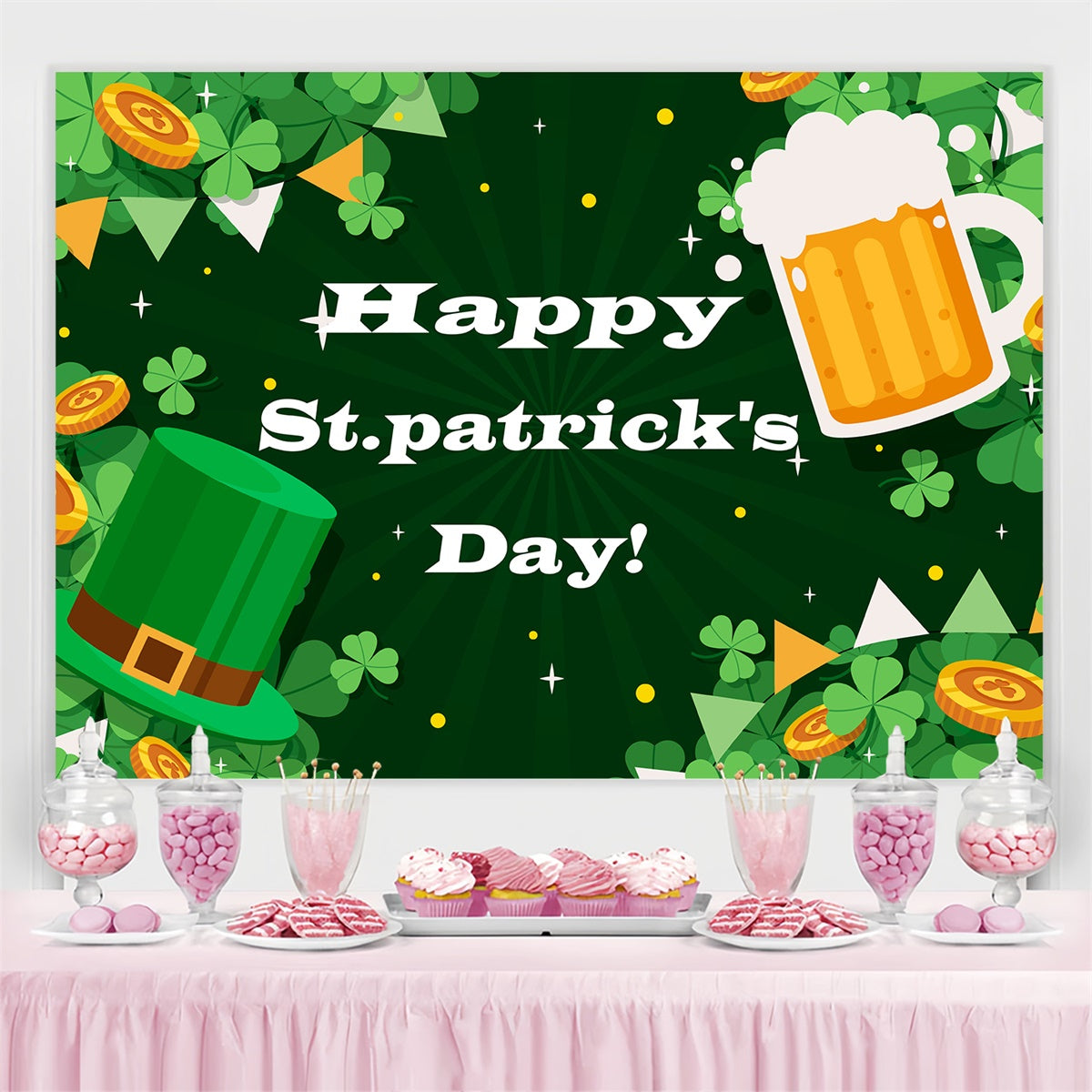 St Patrick's Day Photo Backdrop Hat Clover Coins Cheers Backdrop GQ3-51
