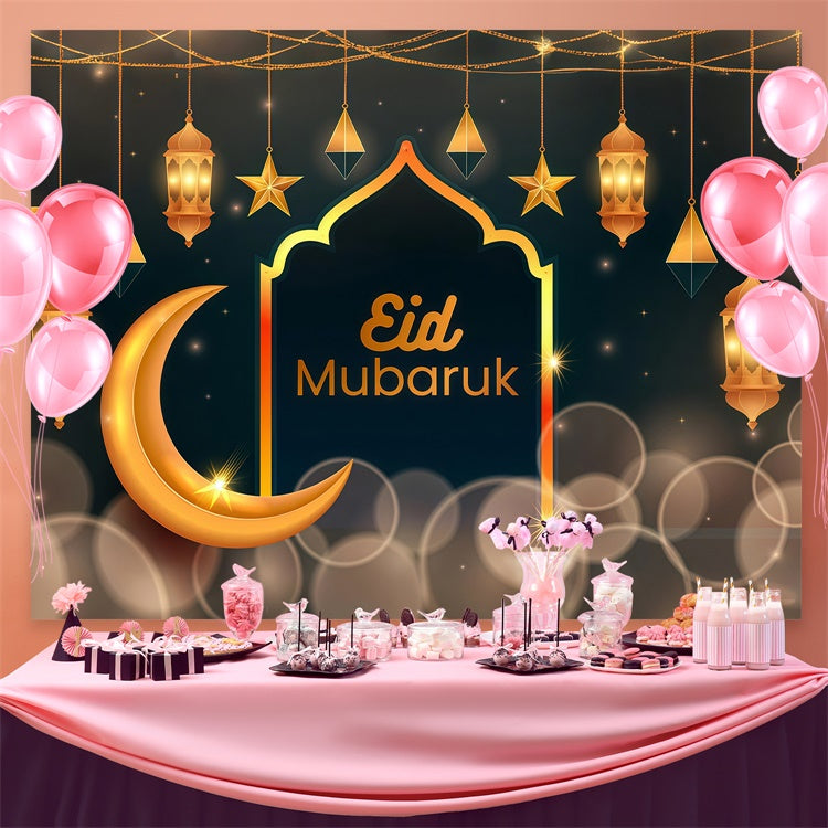 Eid Mubarak Backdrop Crescent Moon Hanging Lanterns Backdrop GQ3-62