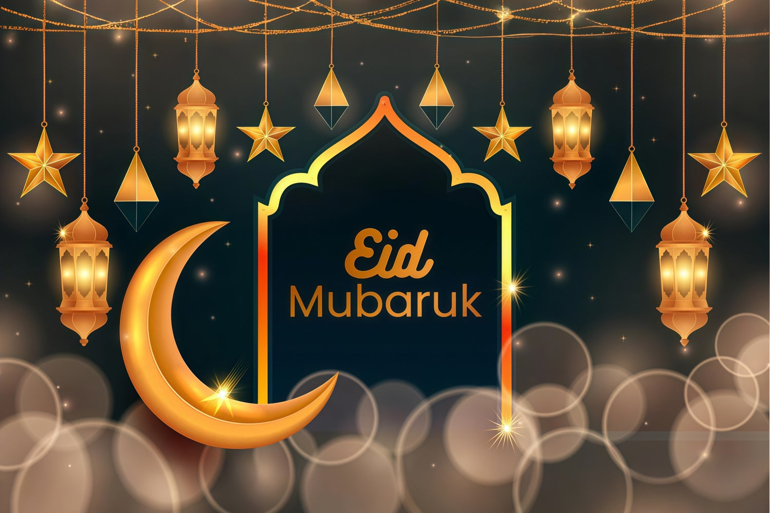 Eid Mubarak Backdrop Crescent Moon Hanging Lanterns Backdrop GQ3-62
