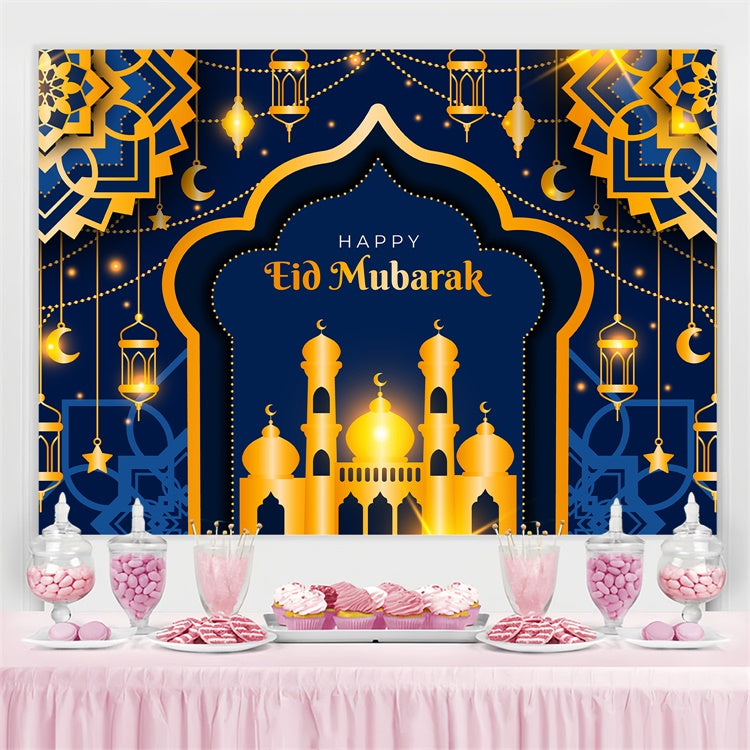 Eid Mubarak Backdrop Deep Blue Gold Mosque Eid Backdrop GQ3-67