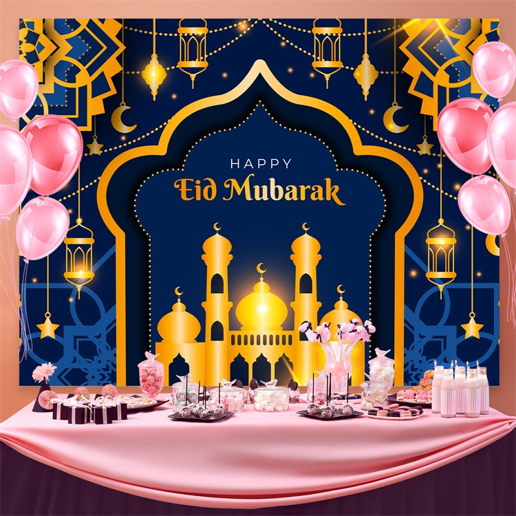 Eid Mubarak Backdrop Deep Blue Gold Mosque Eid Backdrop GQ3-67