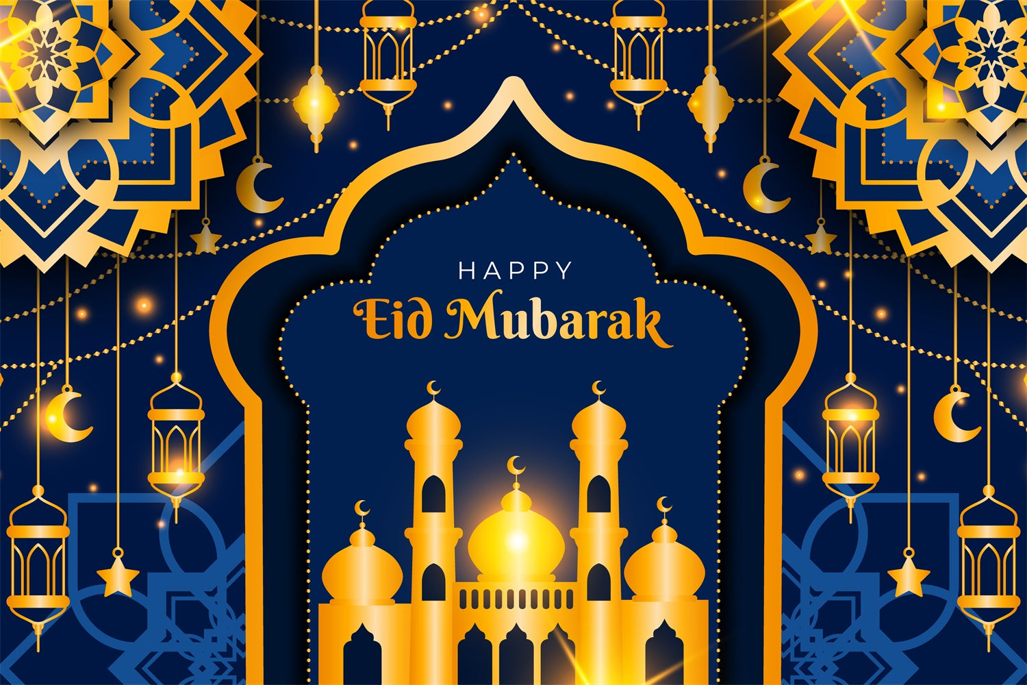 Eid Mubarak Backdrop Deep Blue Gold Mosque Eid Backdrop GQ3-67