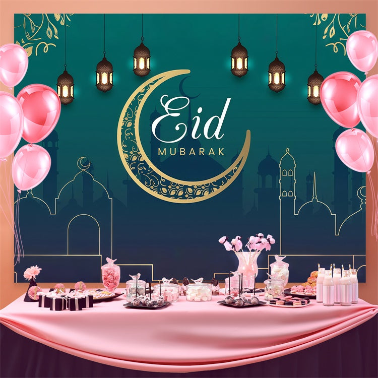 Eid Mubarak Backdrop Elegant Crescent Green Eid Backdrop GQ3-69