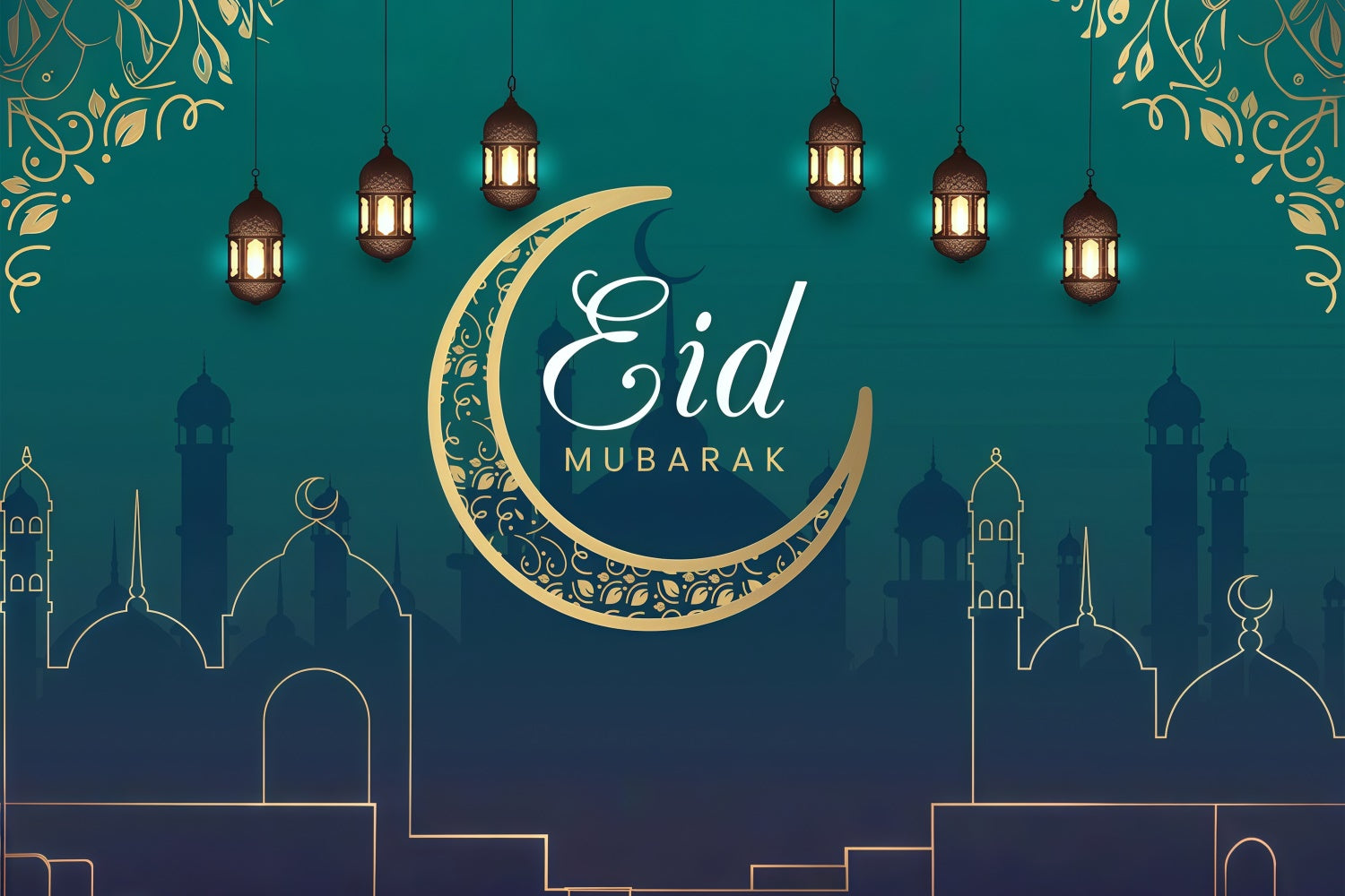 Eid Mubarak Backdrop Elegant Crescent Green Eid Backdrop GQ3-69