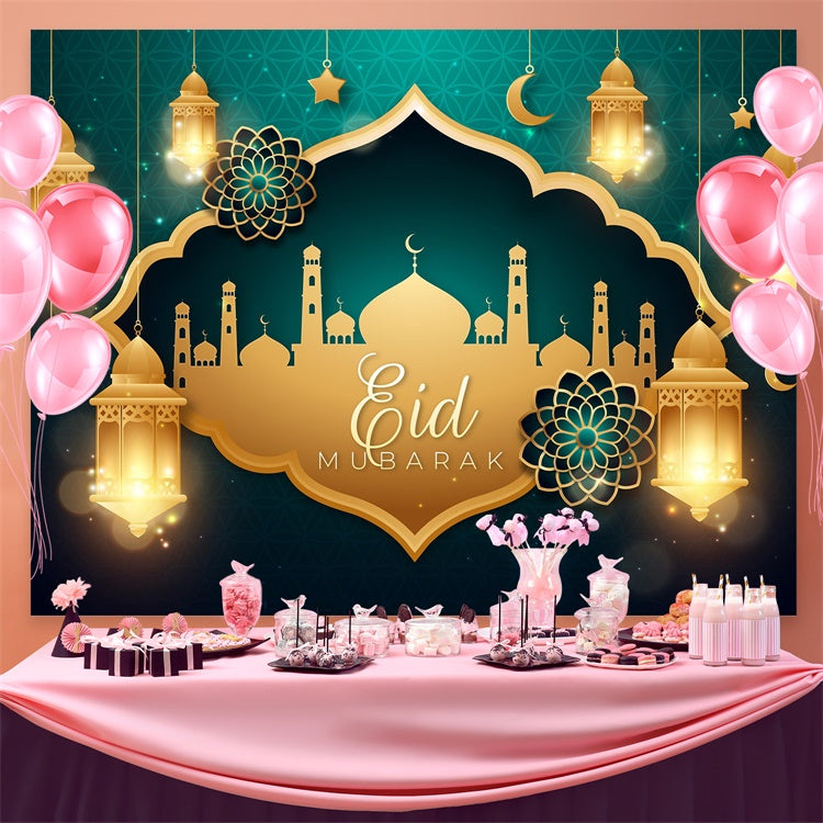 Eid Mubarak Backdrop Luxurious Gold Mosque Lantern Backdrop GQ3-70