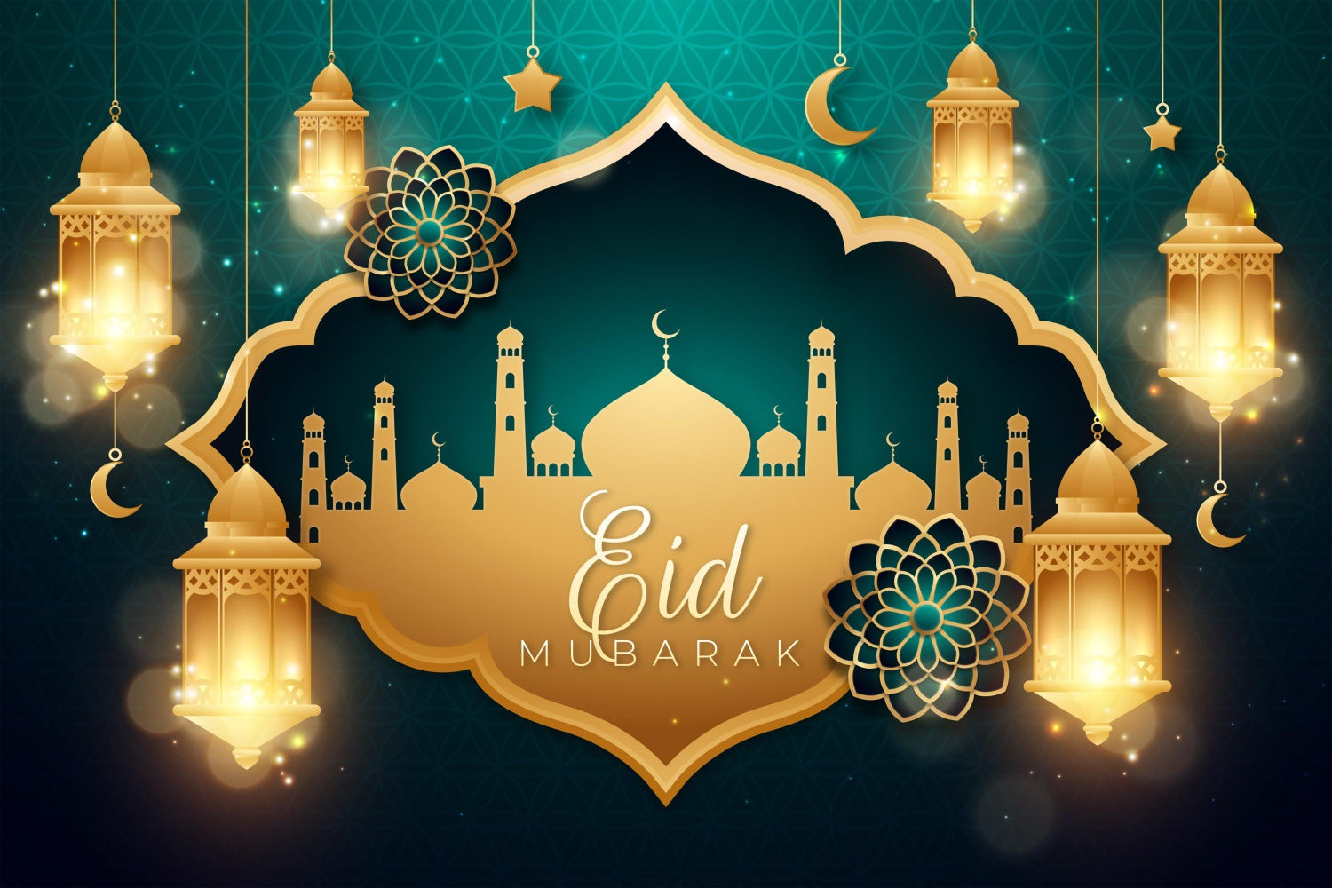 Eid Mubarak Backdrop Luxurious Gold Mosque Lantern Backdrop GQ3-70