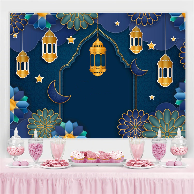 Eid Mubarak Backdrop Floral Mandala Blue Festive Backdrop GQ3-71