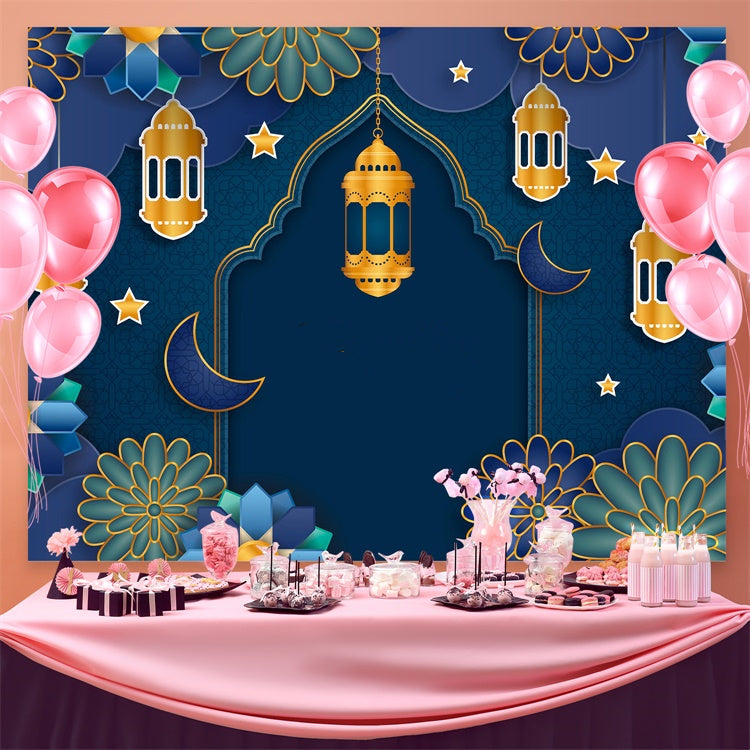 Eid Mubarak Backdrop Floral Mandala Blue Festive Backdrop GQ3-71