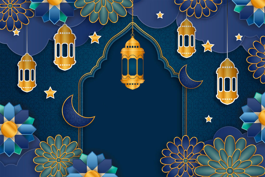 Eid Mubarak Backdrop Floral Mandala Blue Festive Backdrop GQ3-71