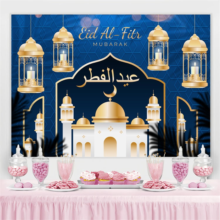 Eid Mubarak Backdrop Elegant Hanging Lanterns Blue Backdrop GQ3-78