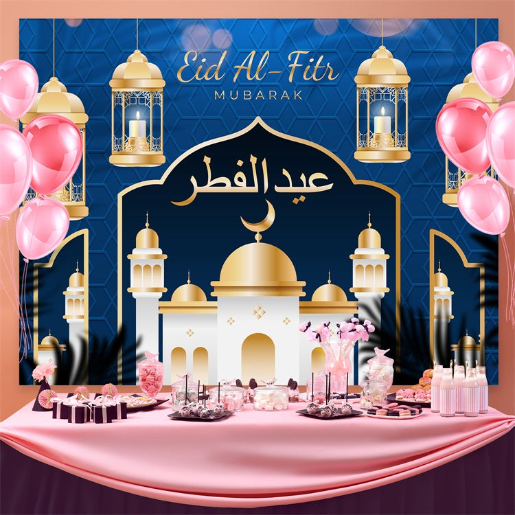 Eid Mubarak Backdrop Elegant Hanging Lanterns Blue Backdrop GQ3-78