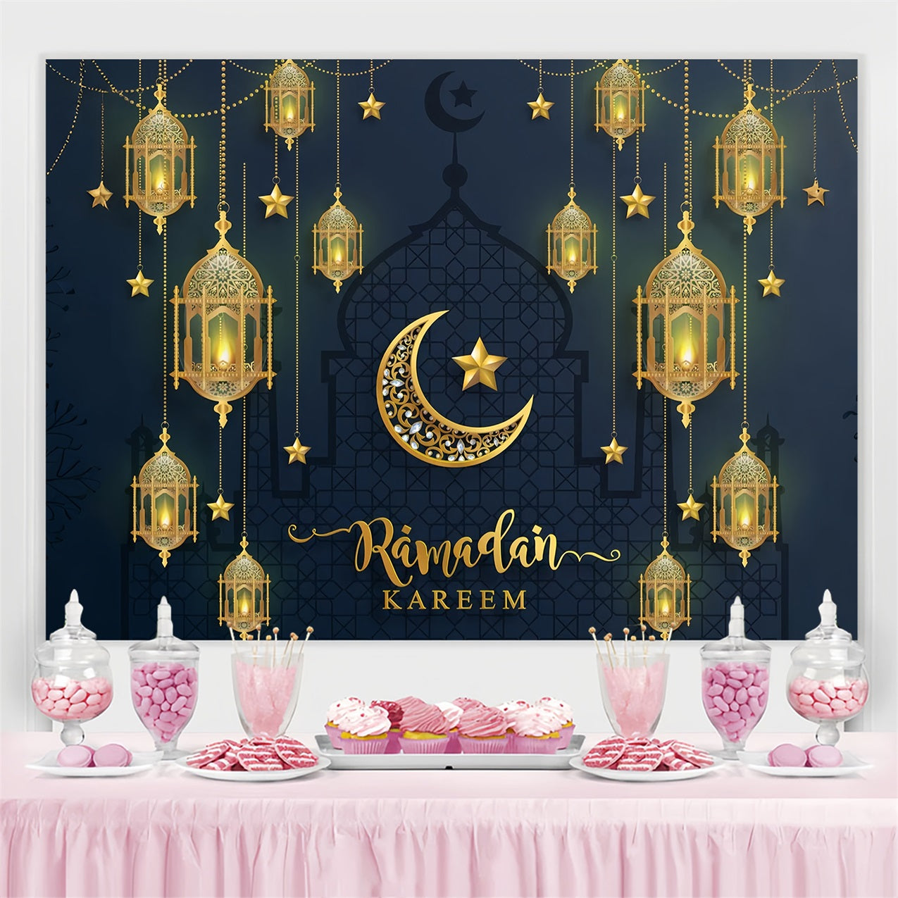 Ramadan Mubarak Backdrop Grand Mosque Crescent Lantern Backdrop GQ3-8