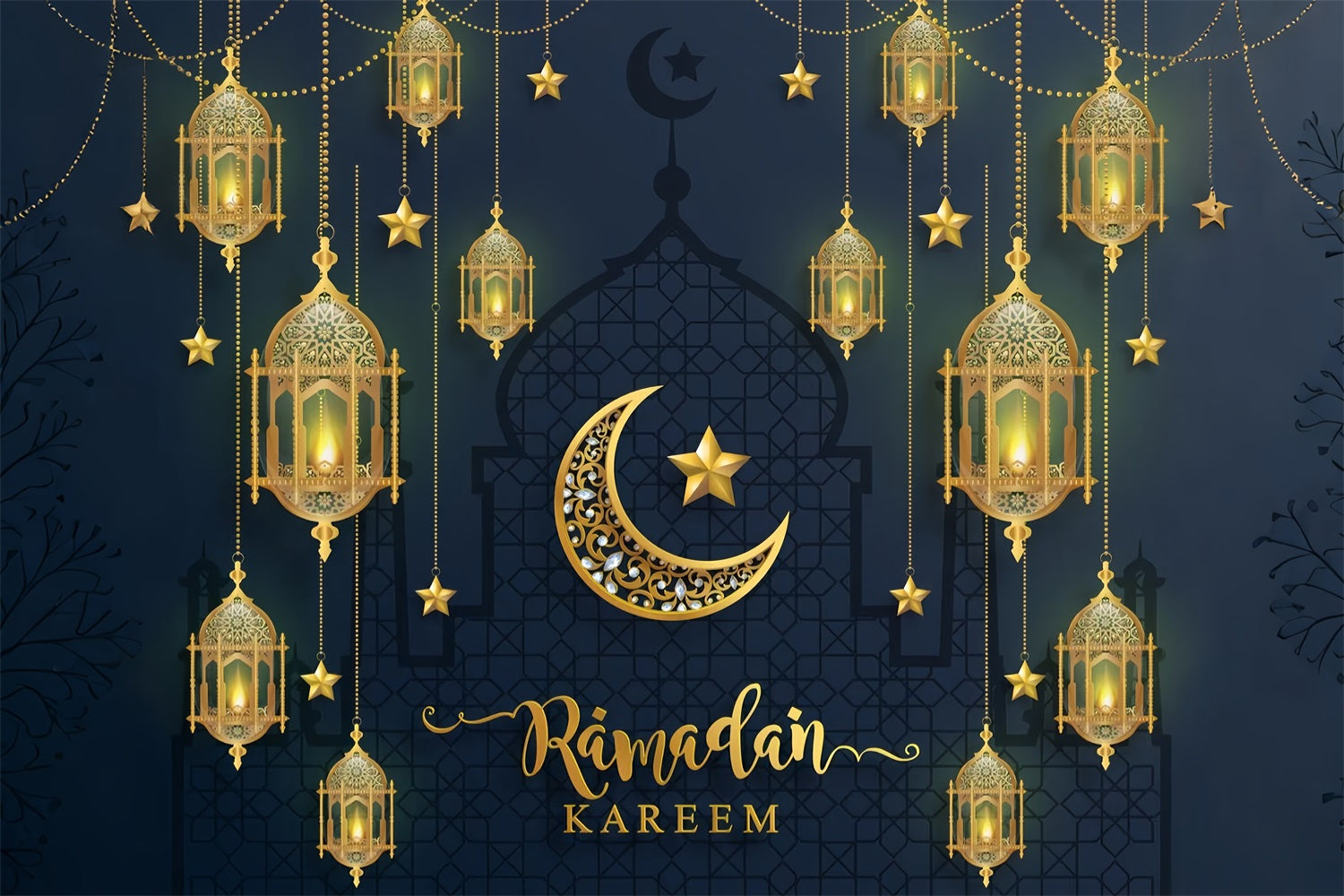 Ramadan Mubarak Backdrop Grand Mosque Crescent Lantern Backdrop GQ3-8