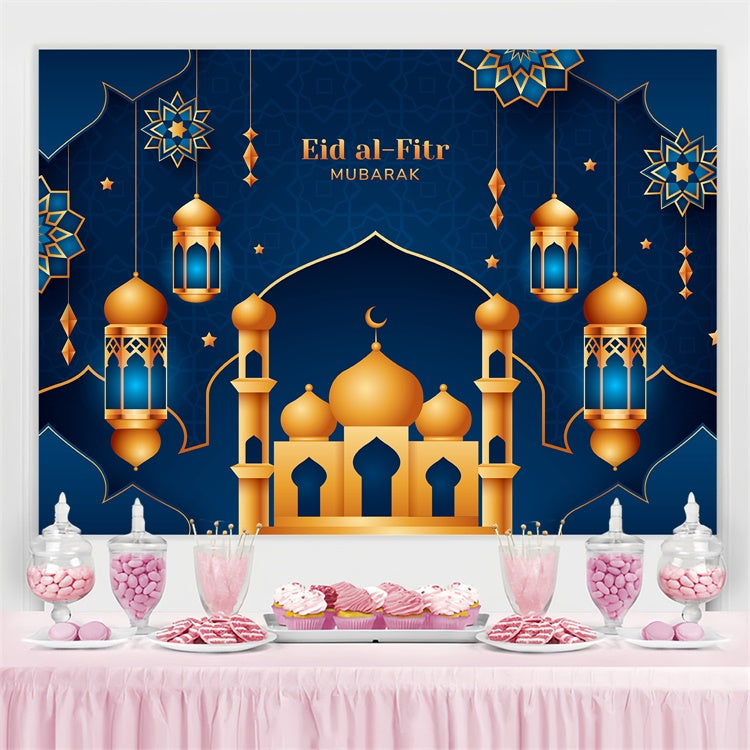 Eid Mubarak Backdrop Ornate Gold Minarets Eid Blue Backdrop GQ3-80