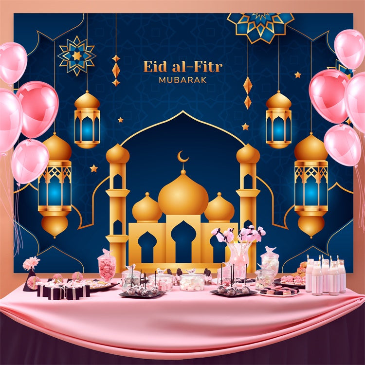 Eid Mubarak Backdrop Ornate Gold Minarets Eid Blue Backdrop GQ3-80