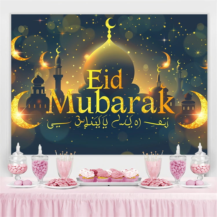 Eid Mubarak Backdrop Crescent Glow Golden Mosque Eid Backdrop GQ3-82