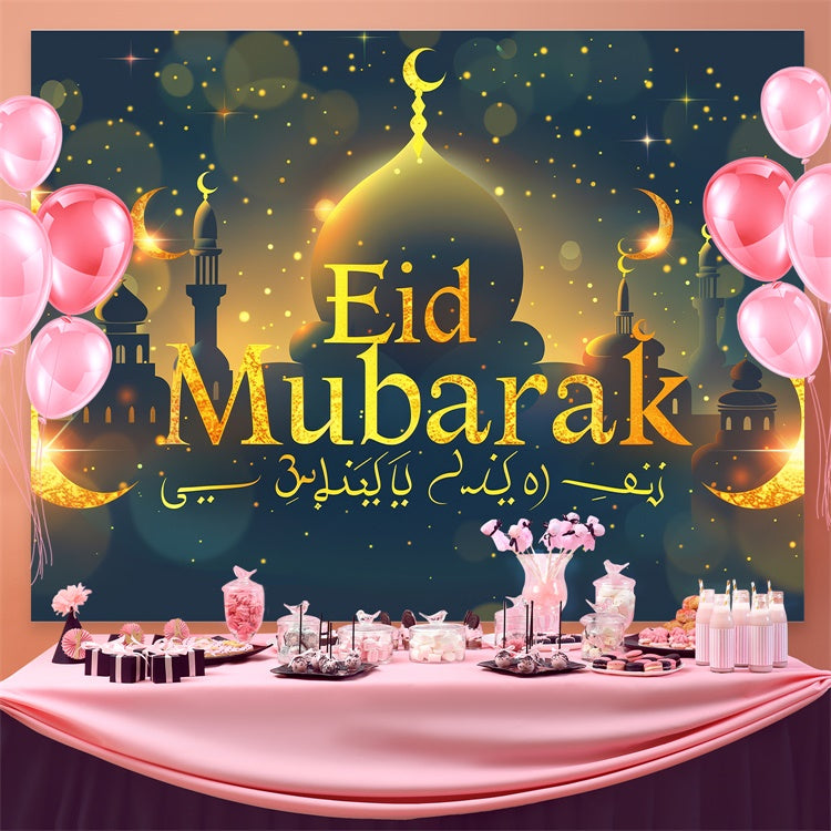Eid Mubarak Backdrop Crescent Glow Golden Mosque Eid Backdrop GQ3-82