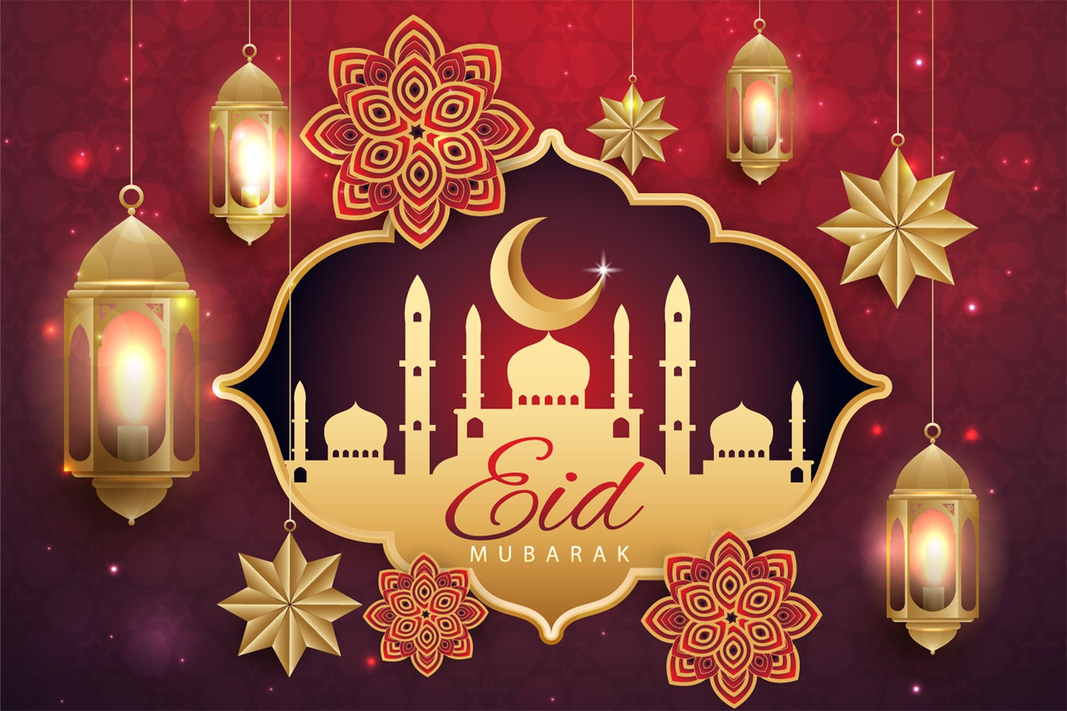 Eid Mubarak Backdrop Gold Mosque Elegant Lanterns Backdrop GQ3-84