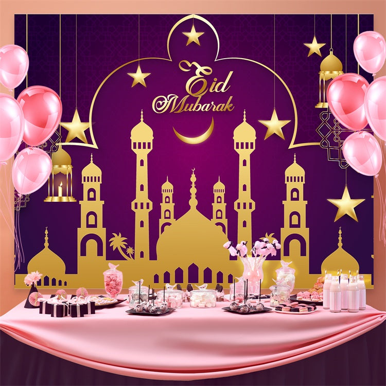 Eid Mubarak Backdrop Festival Hanging Lights Purple Backdrop GQ3-85