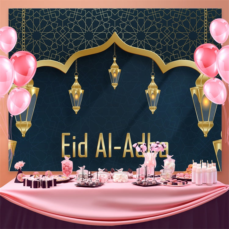 Eid Mubarak Backdrop Elegant Blue Ornate Lanterns Backdrop GQ3-86