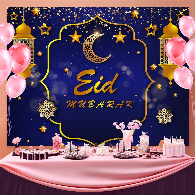 Eid Mubarak Backdrop Deep Blue Golden Lanterns Backdrop GQ3-87