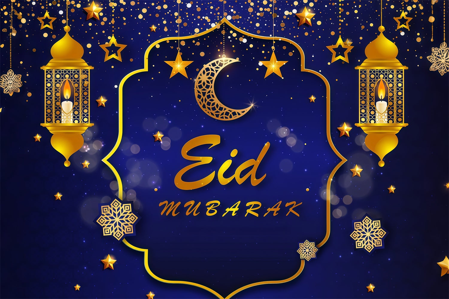 Eid Mubarak Backdrop Deep Blue Golden Lanterns Backdrop GQ3-87