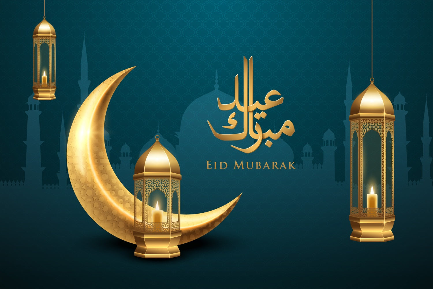 Eid Mubarak Backdrop Glowing Lanterns Crescent Moon Backdrop GQ3-89