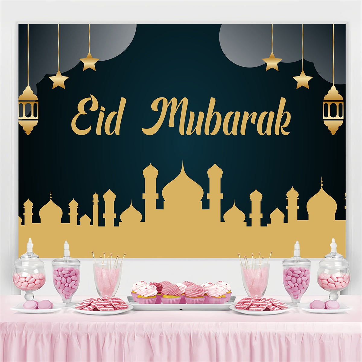 Eid Mubarak Backdrop Golden Mosque Silhouette Eid Backdrop GQ3-90