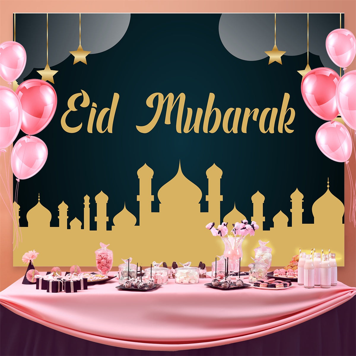 Eid Mubarak Backdrop Golden Mosque Silhouette Eid Backdrop GQ3-90