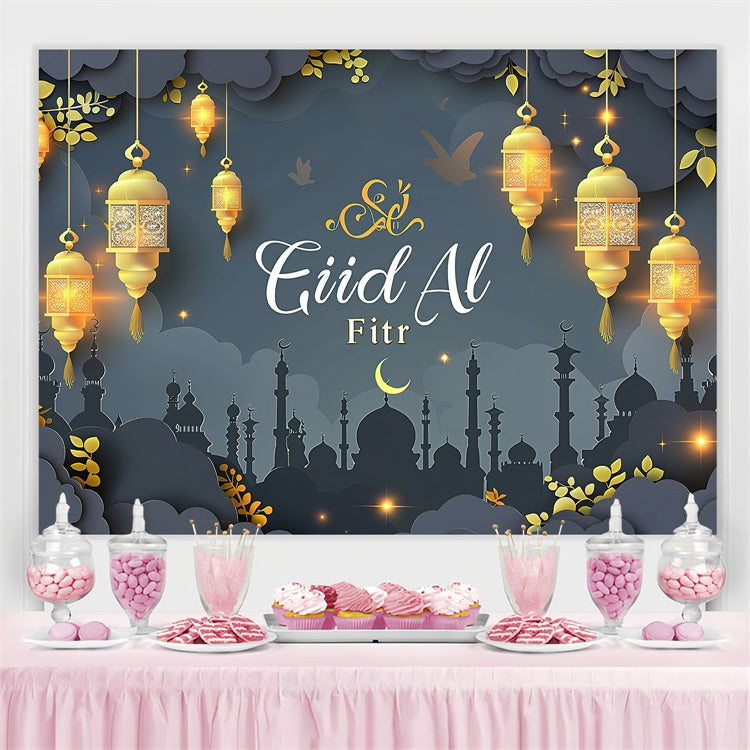 Eid Mubarak Backdrop Dreamy Golden Lights Elegant Gray Backdrop GQ3-91