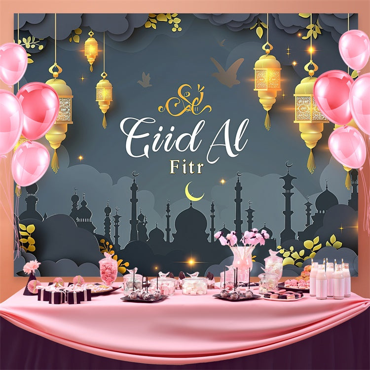 Eid Mubarak Backdrop Dreamy Golden Lights Elegant Gray Backdrop GQ3-91