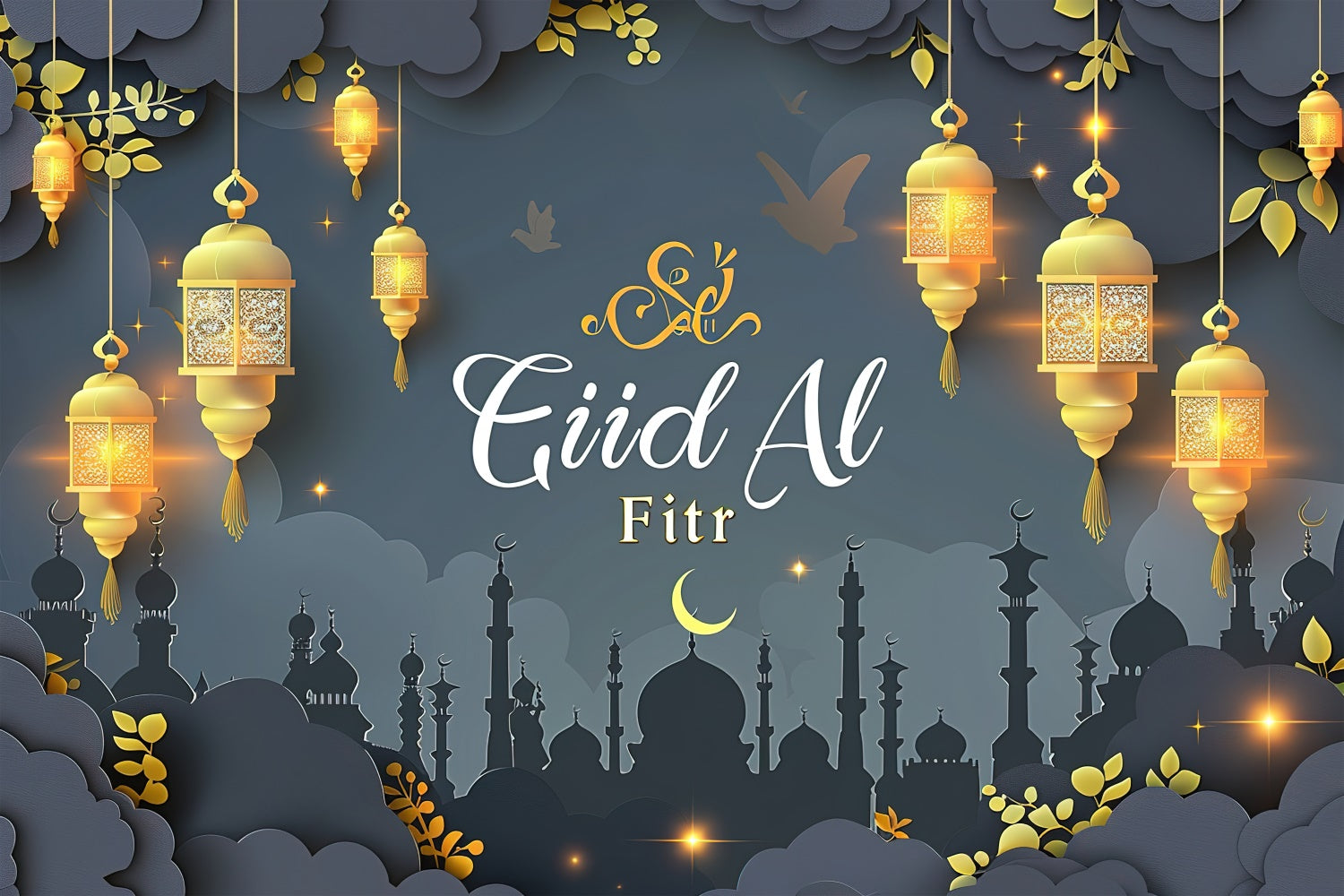 Eid Mubarak Backdrop Dreamy Golden Lights Elegant Gray Backdrop GQ3-91