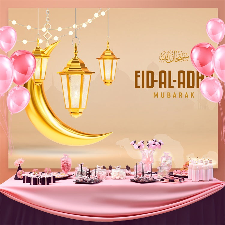 Eid Mubarak Backdrop Warm Beige Golden Crescent Backdrop GQ3-94
