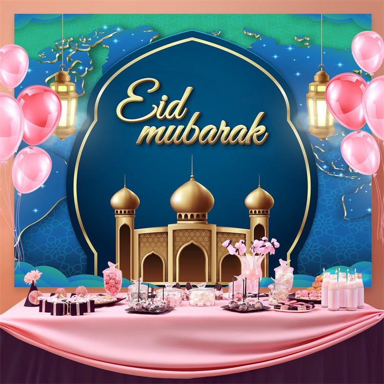 Eid Mubarak Backdrop Golden Lanterns Blue Arch Backdrop GQ3-96