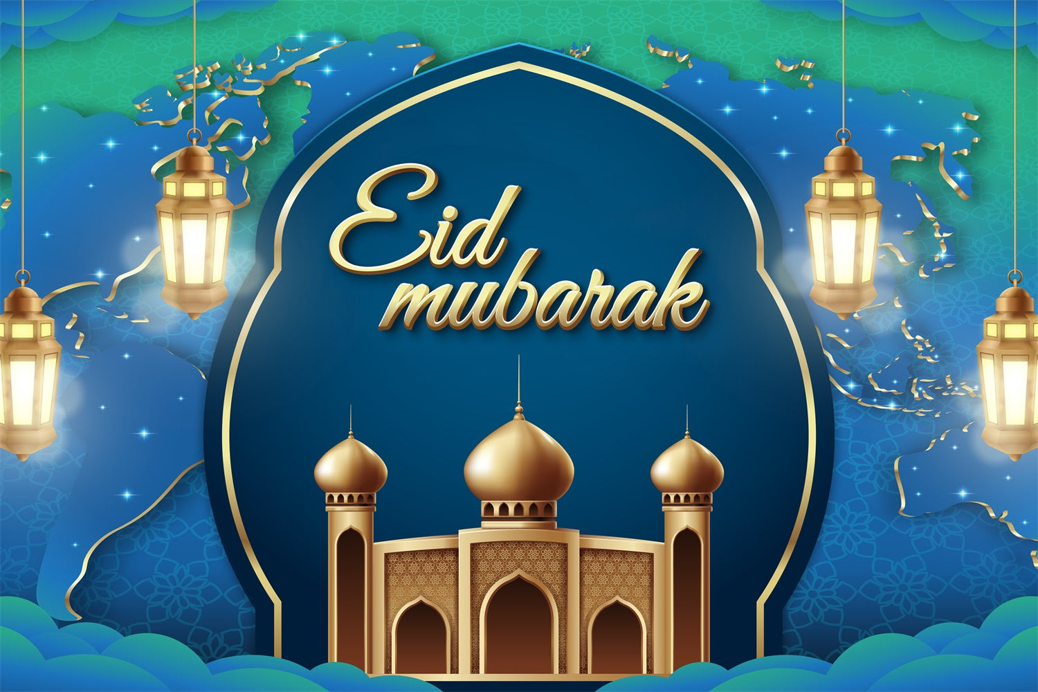 Eid Mubarak Backdrop Golden Lanterns Blue Arch Backdrop GQ3-96