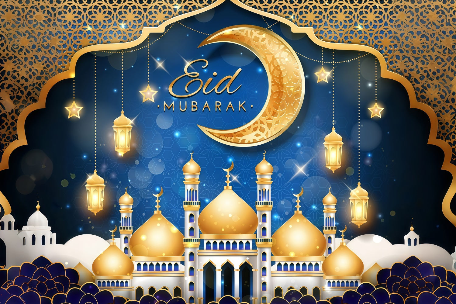 Eid Mubarak Backdrop Golden Majestic Mosque Festive Backdrop GQ3-99