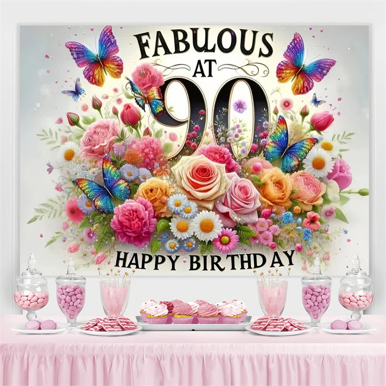 Customized Birthday Backdrop Butterflies Flowers 90th Backdrop GQ4-10
