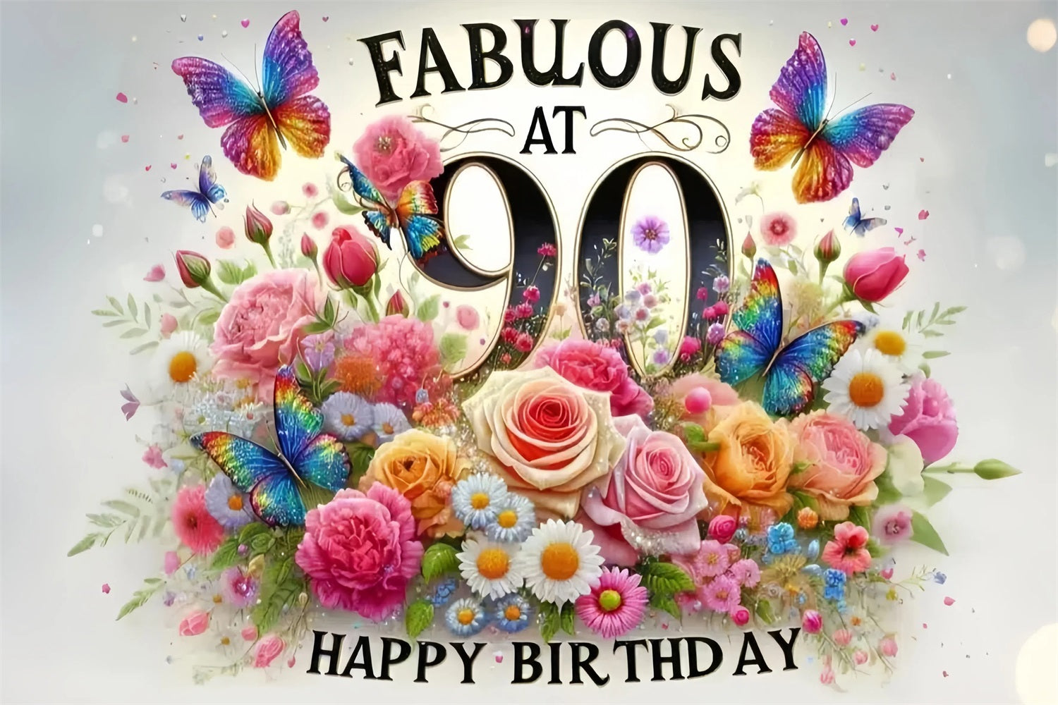 Customized Birthday Backdrop Butterflies Flowers 90th Backdrop GQ4-10