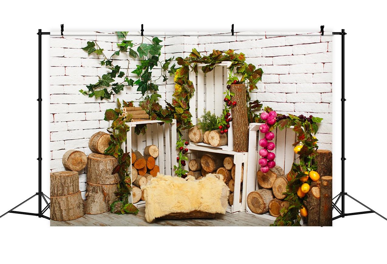 Wood Floor Backdrop White Brick Wall Woodland Backdrop GQ4-109