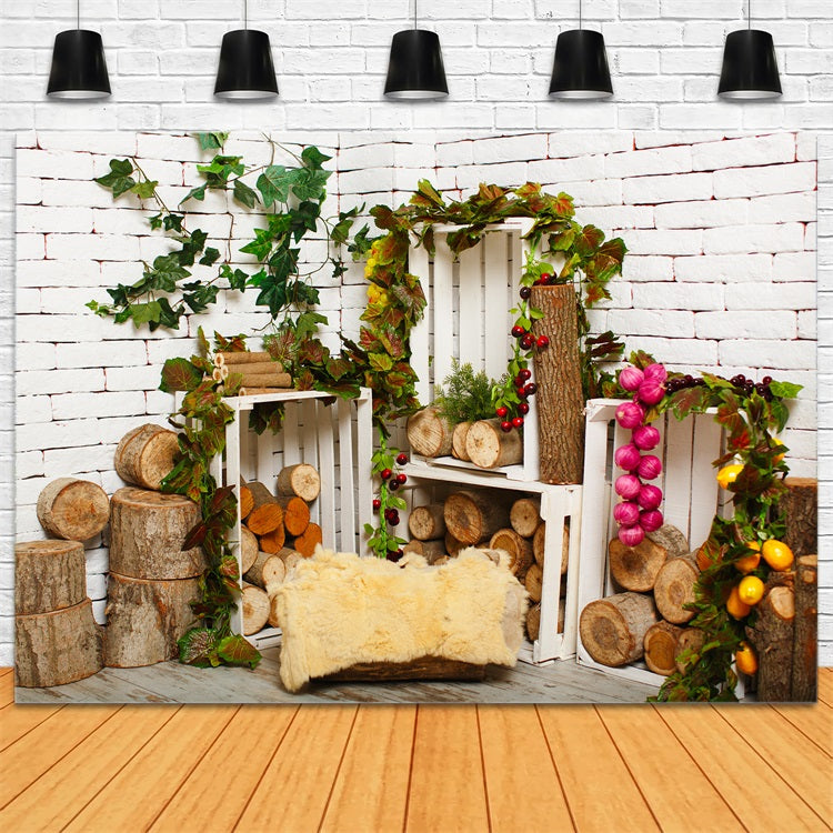 Wood Floor Backdrop White Brick Wall Woodland Backdrop GQ4-109