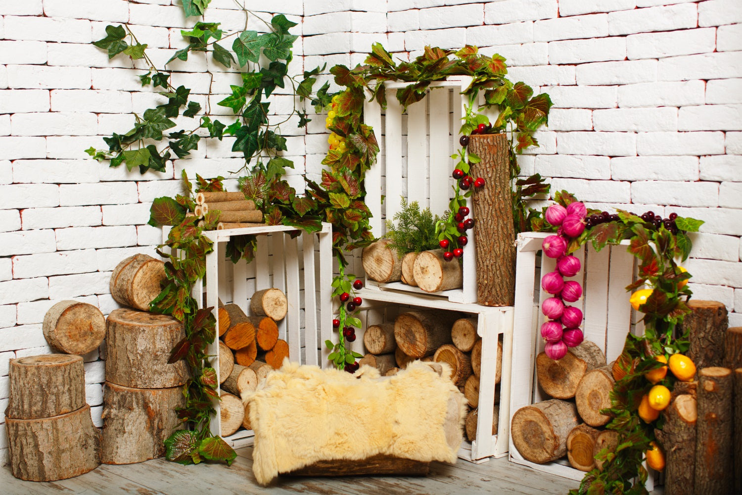 Wood Floor Backdrop White Brick Wall Woodland Backdrop GQ4-109