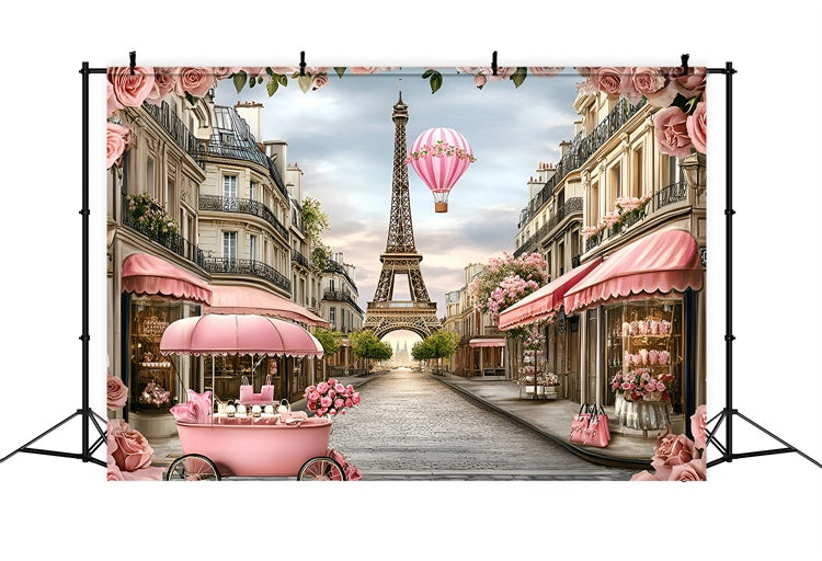 Paris Theme Backdrop Pink Floral Balloon Romance Backdrop GQ4-165