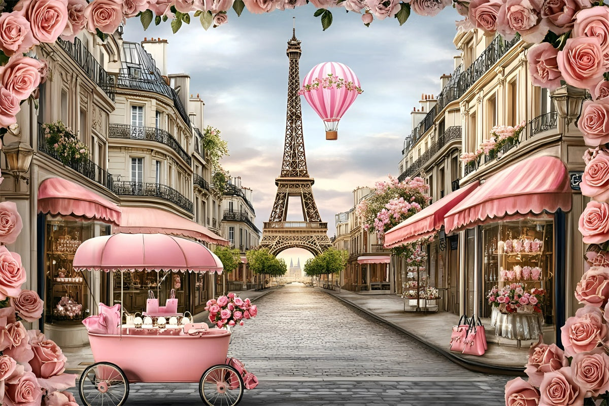 Paris Theme Backdrop Pink Floral Balloon Romance Backdrop GQ4-165