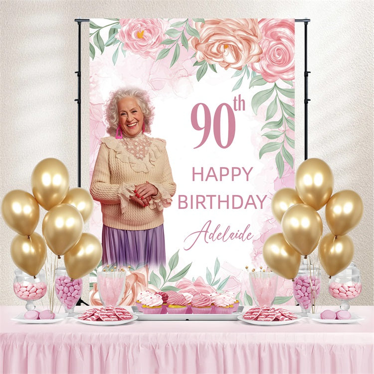 Custom Birthday Backdrop Pink Floral 90th Backdrop GQ4-17